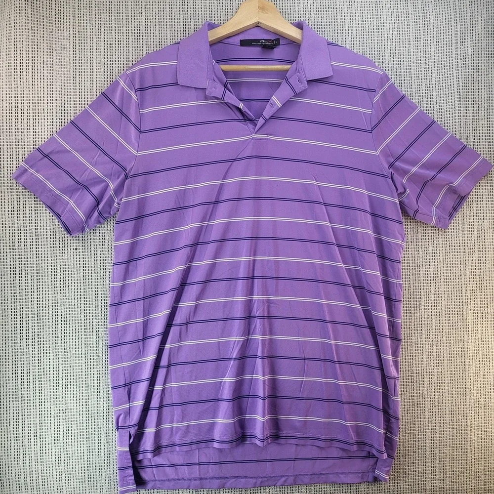 Ralph Lauren RLX‎ Polo Shirt Mens Large Purple Striped Golf Performance Stretch